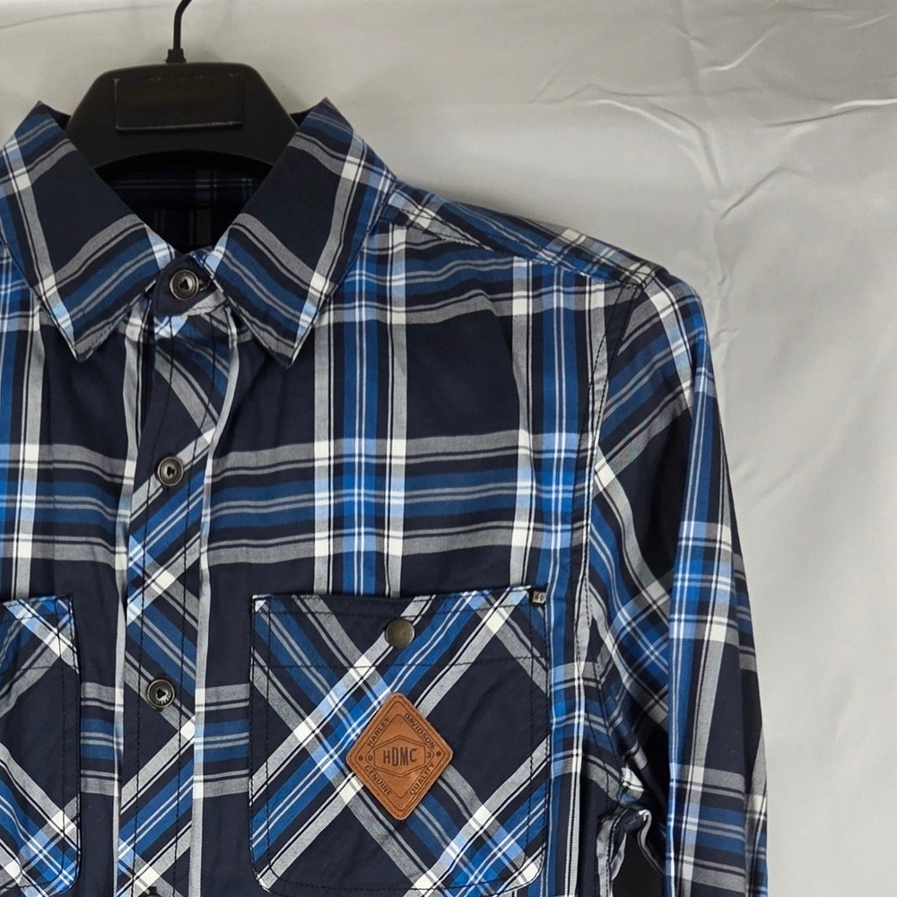 Harley-Davidson Mens Blue Plaid HDMC Patch Long Sleeve Button Down Shirt Medium